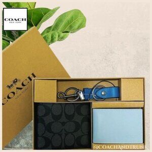 COACH 3 In 1 Leather Wallet Gift Set Color Block Signature Canvas Gift Box NWT